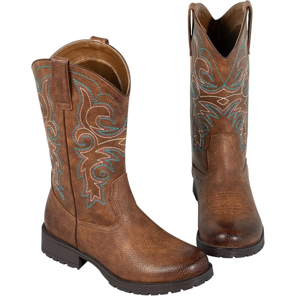 Women's Brown Leather Embroidered Square Toe Western Knee High Cowgirls Boots - Picture 8 of 9